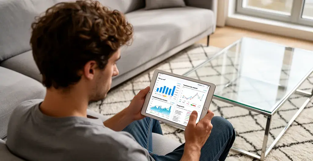 Personne consultant données prix immobilier sur tablette dans salon moderne