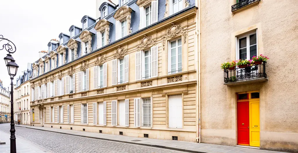 Façade immeuble haussmannien à côté maison de ville française illustrant comparaison prix