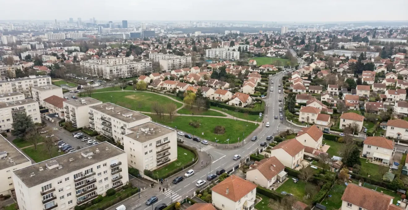 Vue aérienne quartier résidentiel français mêlant maisons et immeubles pour analyse prix immobilier