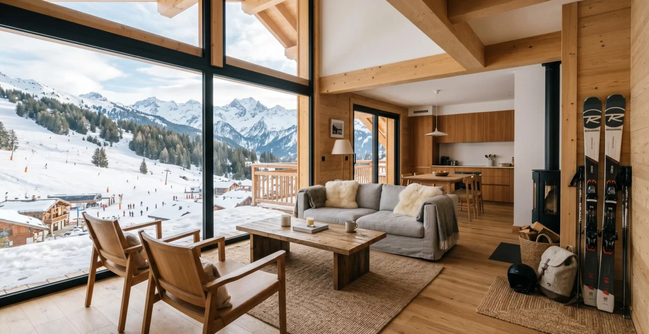 Appartement moderne avec grande baie vitrée donnant directement sur les pistes enneigées d'une station alpine française