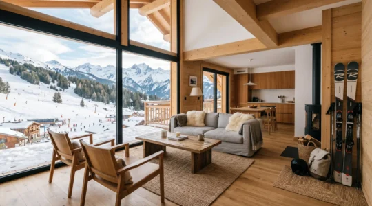 Appartement moderne avec grande baie vitrée donnant directement sur les pistes enneigées d'une station alpine française