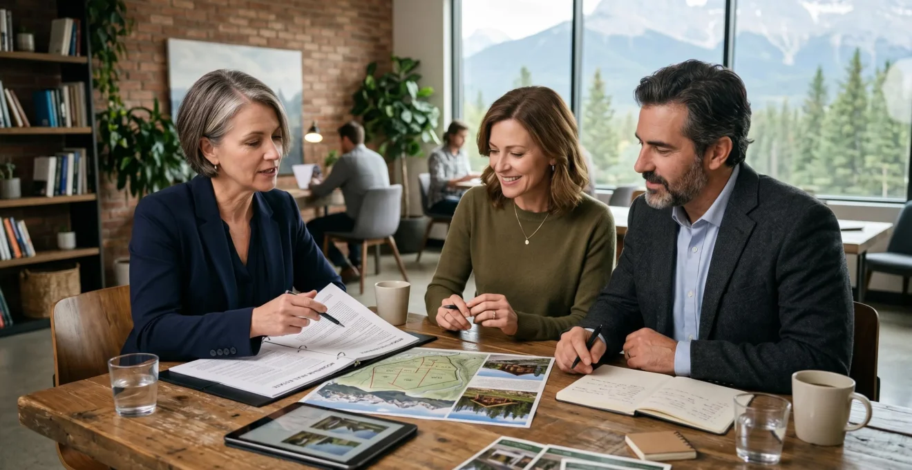 Couple d'investisseurs en discussion avec un conseiller patrimonial autour de documents financiers liés à un projet immobilier en montagne