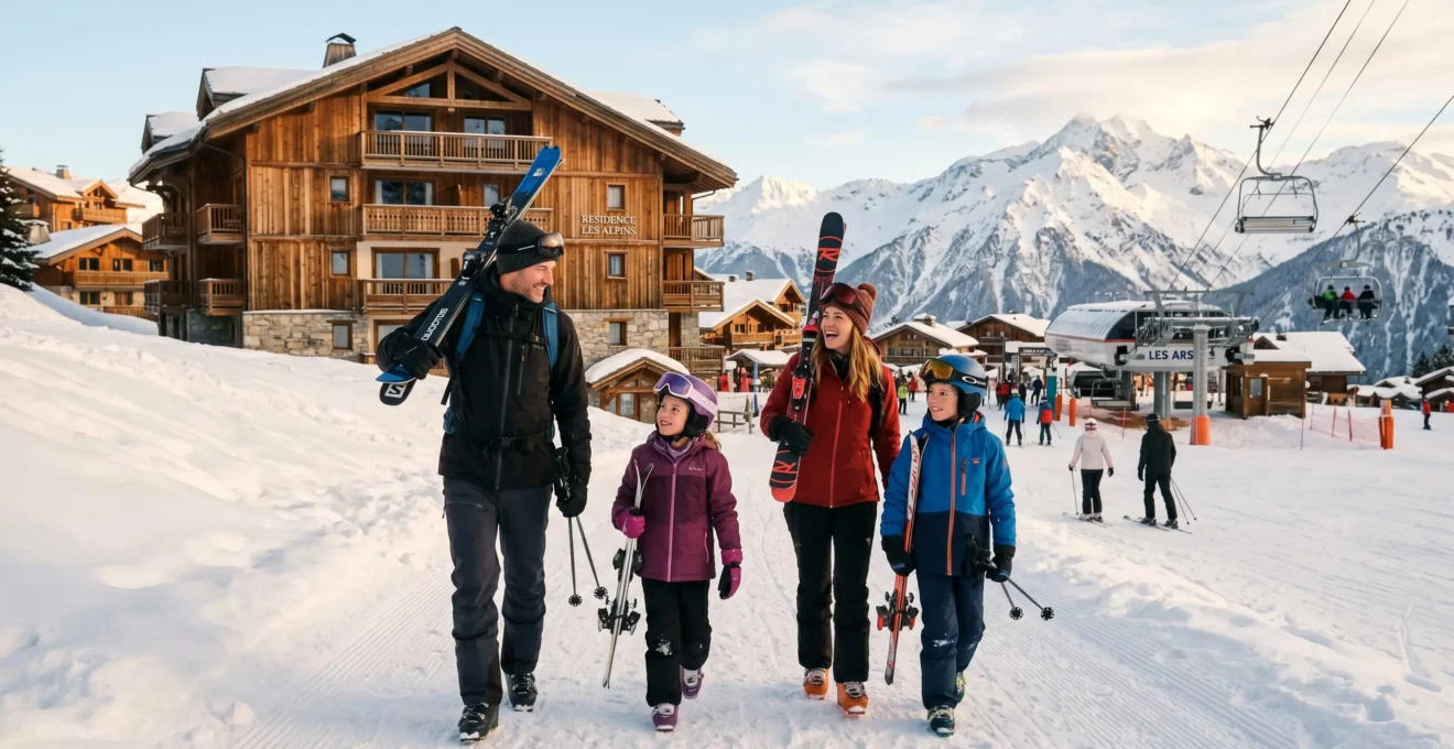 Famille avec équipements de ski descendant vers les remontées mécaniques depuis un appartement de station, matinée ensoleillée