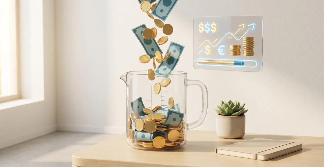 Verre doseur transparent rempli de pièces dorées, symbolisant l'épargne qui finance un projet immobilier.