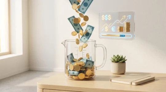 Verre doseur transparent rempli de pièces dorées, symbolisant l'épargne qui finance un projet immobilier.