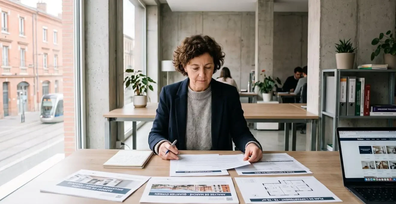 Expert immobilier consultant des documents d'estimation de biens dans un bureau d'agence toulousaine moderne