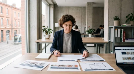 Expert immobilier consultant des documents d'estimation de biens dans un bureau d'agence toulousaine moderne