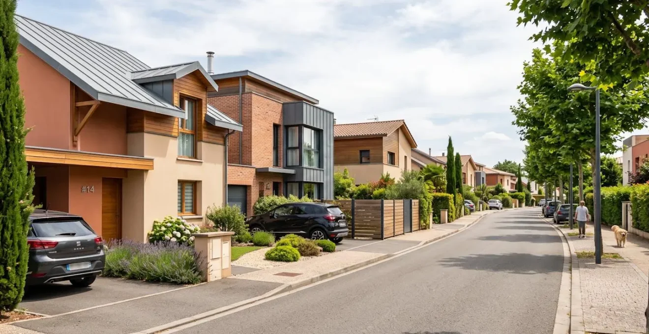 Rue résidentielle avec maisons individuelles contemporaines dans un quartier prisé de la périphérie toulousaine
