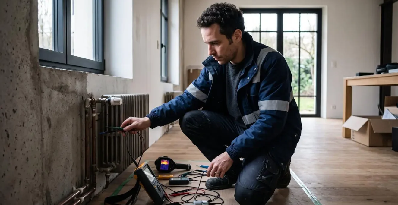 Technicien réalisant un diagnostic de performance énergétique avec équipement de mesure professionnel dans une maison