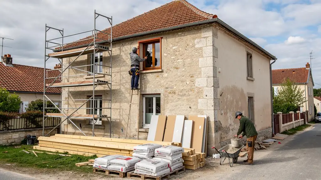 Chantier de rénovation d'une maison résidentielle française avec échafaudage et artisans au travail