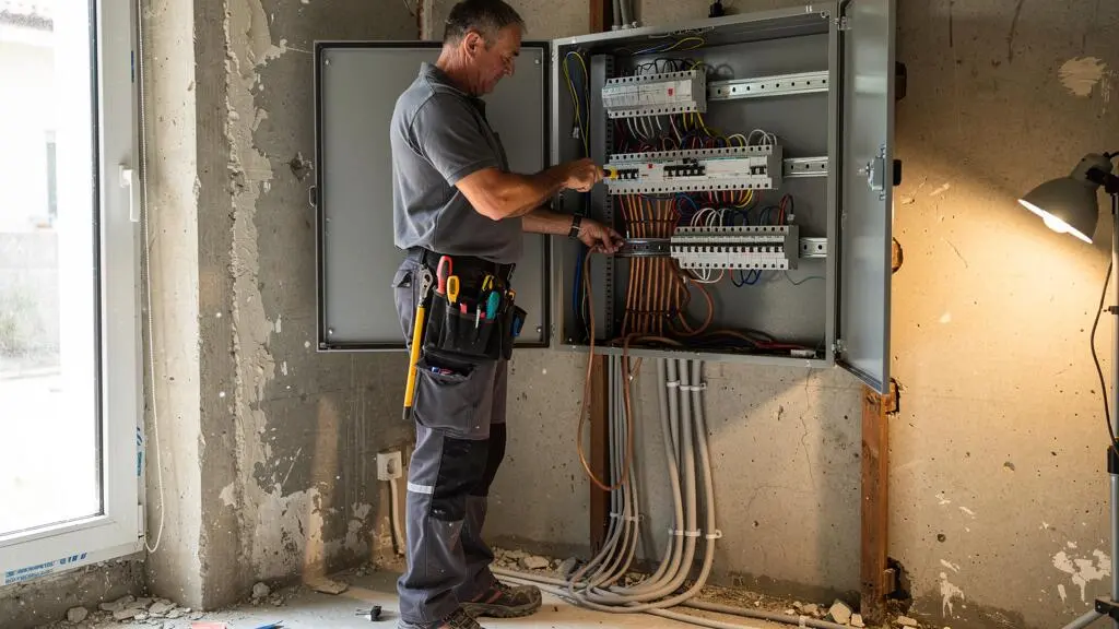 Électricien installant un tableau électrique dans une maison en rénovation