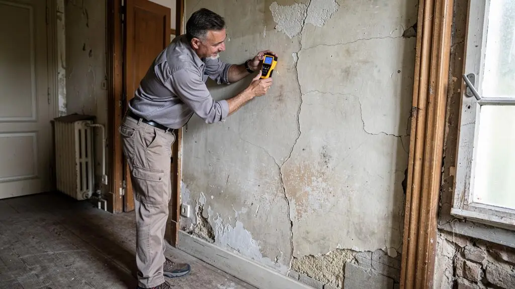 Expert inspectant les murs d'une maison avant achat pour évaluer les travaux nécessaires