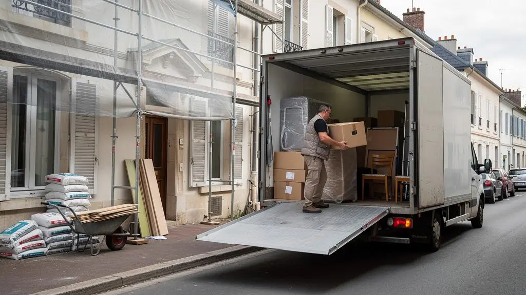 Camion de déménagement pour stockage de mobilier devant une maison en travaux