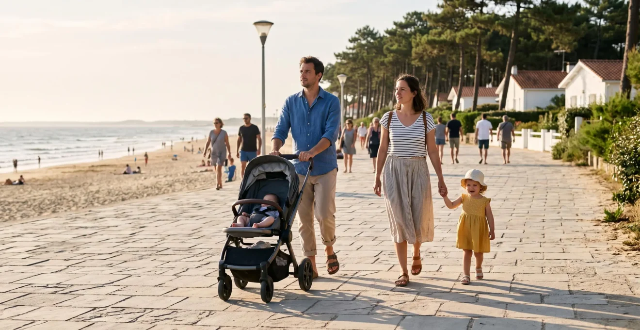 Un couple avec une poussette et un jeune enfant marche sur la promenade du front de mer de Saint-Jean-de-Monts.