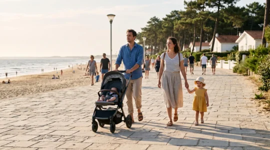 Un couple avec une poussette et un jeune enfant marche sur la promenade du front de mer de Saint-Jean-de-Monts.