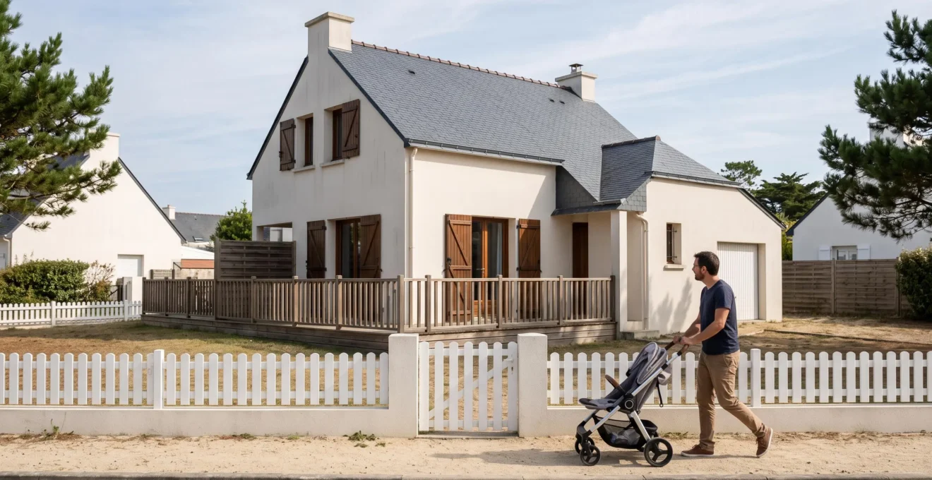 Un homme pousse une poussette vide devant une maison de vacances avec jardin clôturé dans une rue résidentielle.