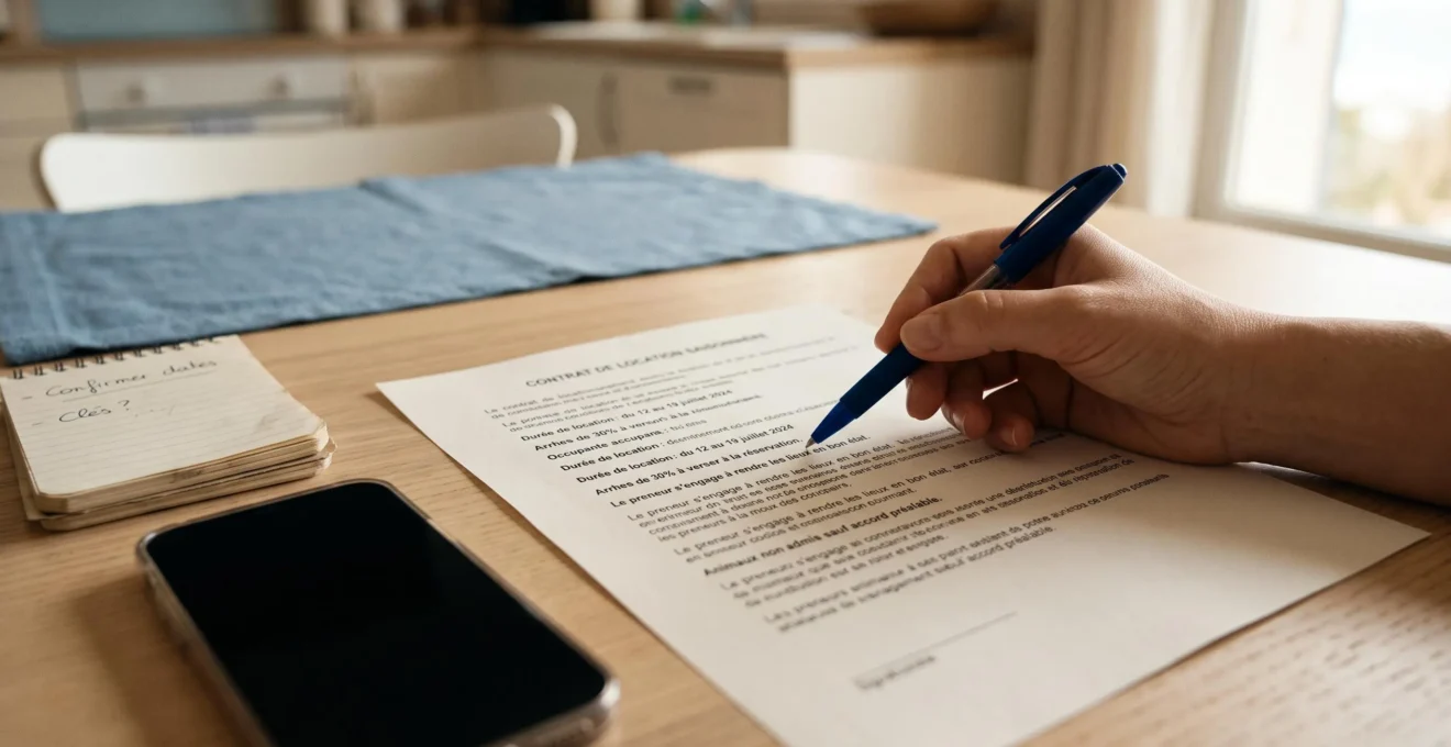 Une main tient un stylo et pointe une ligne d'une annonce de location de vacances imprimée posée sur une table en bois.