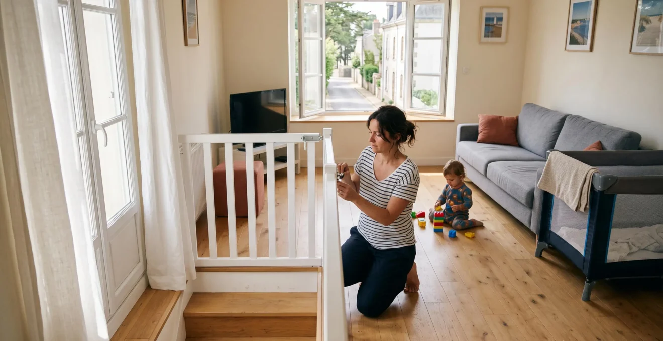 Une mère vérifie la fermeture d'une barrière de sécurité installée en haut d'un escalier dans un appartement de location.