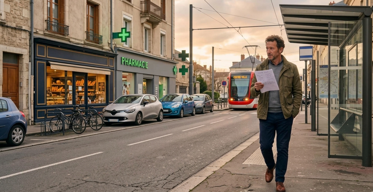 Un homme muni d'une liste vérifie les commerces et l'arrêt de tram près d'un logement.