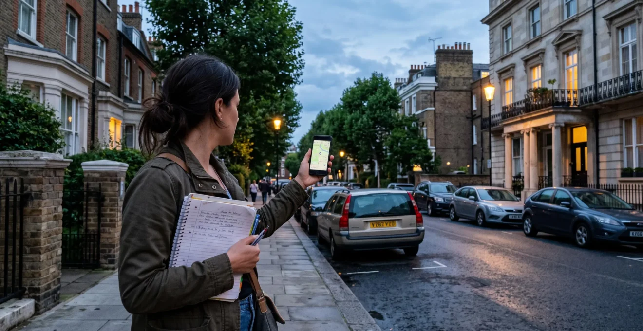 Une future locataire observe le stationnement et les voitures garées dans la rue le soir.