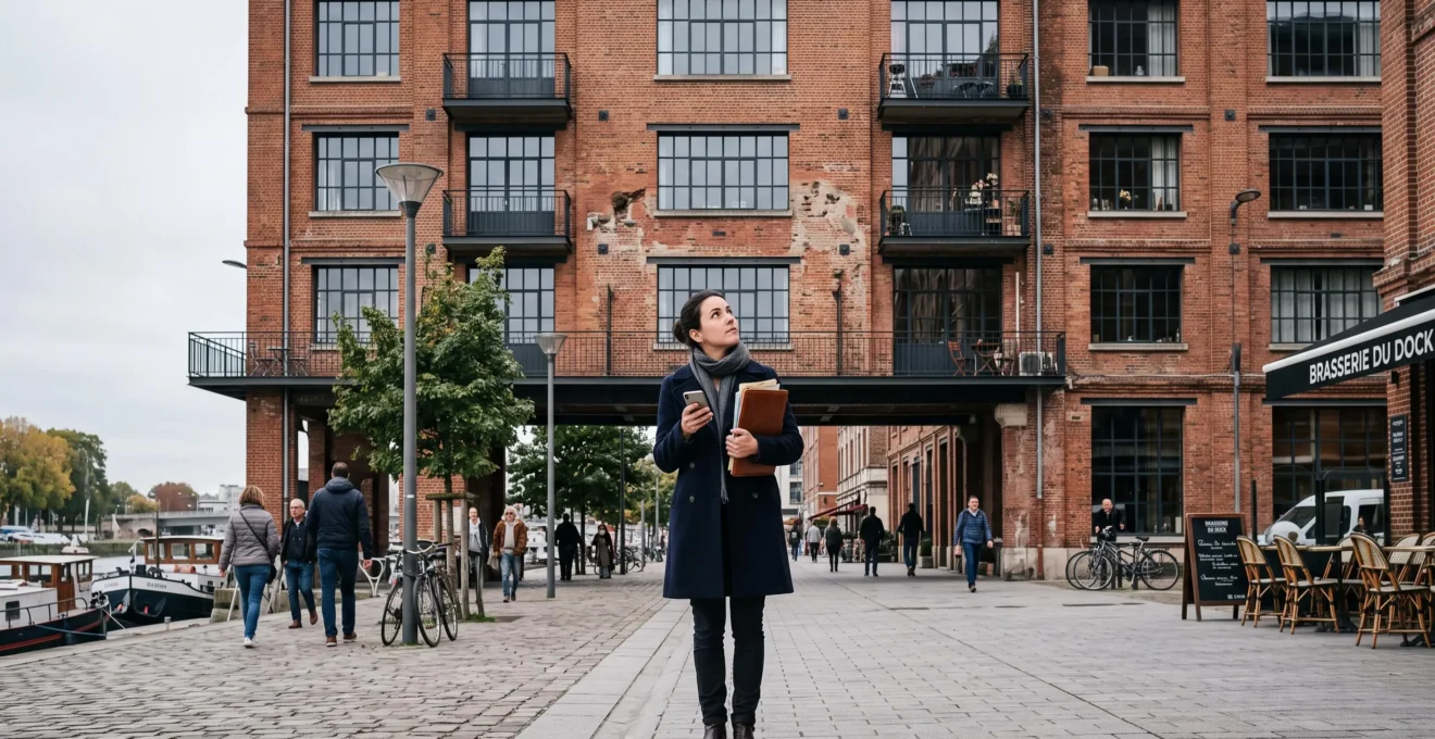 Une femme devant un immeuble de briques réaménagé consulte son téléphone dans un quartier urbain.