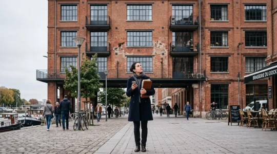 Une femme devant un immeuble de briques réaménagé consulte son téléphone dans un quartier urbain.